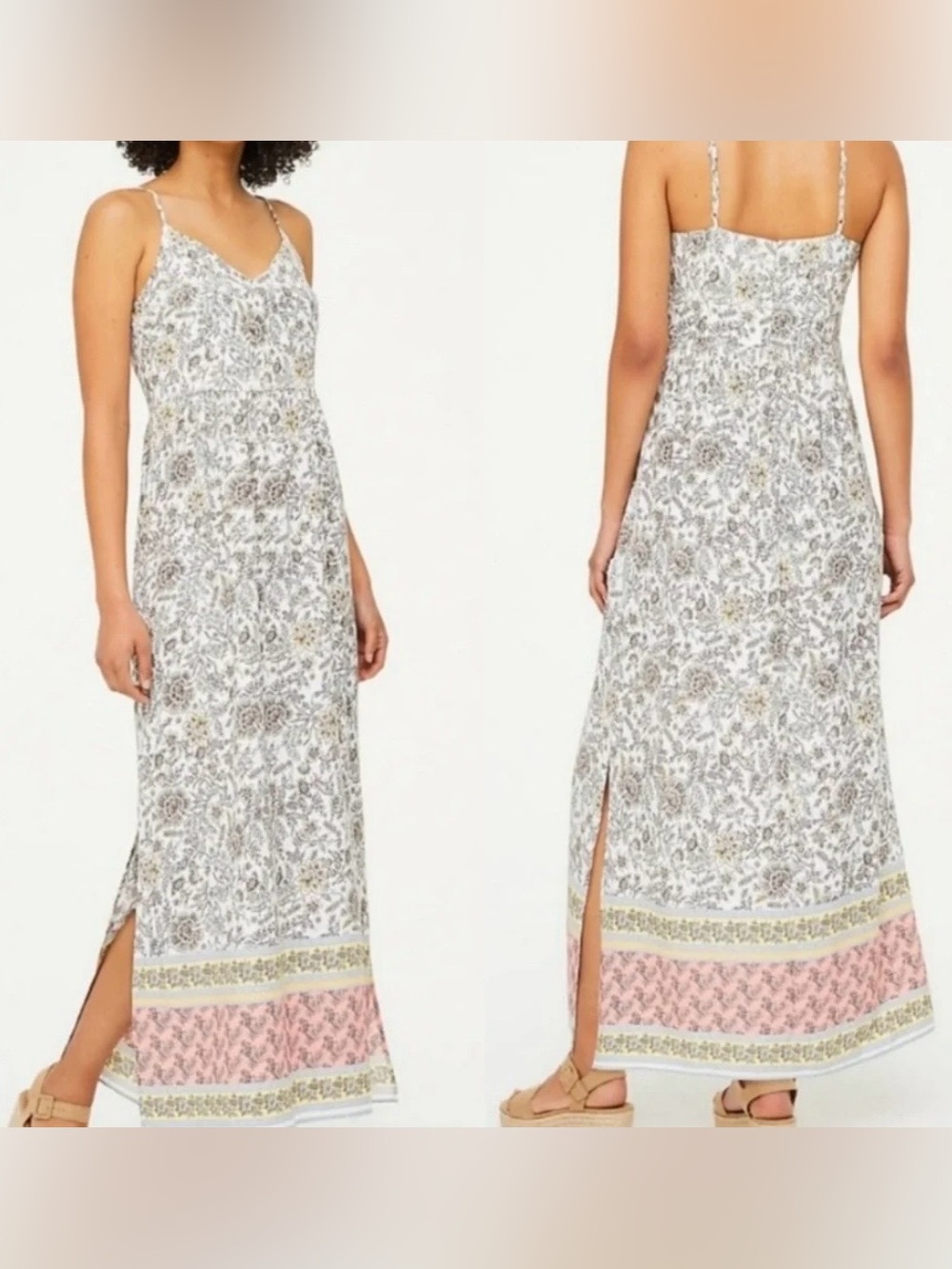 LOFT Cream Floral Maxi Dress with Pink Border